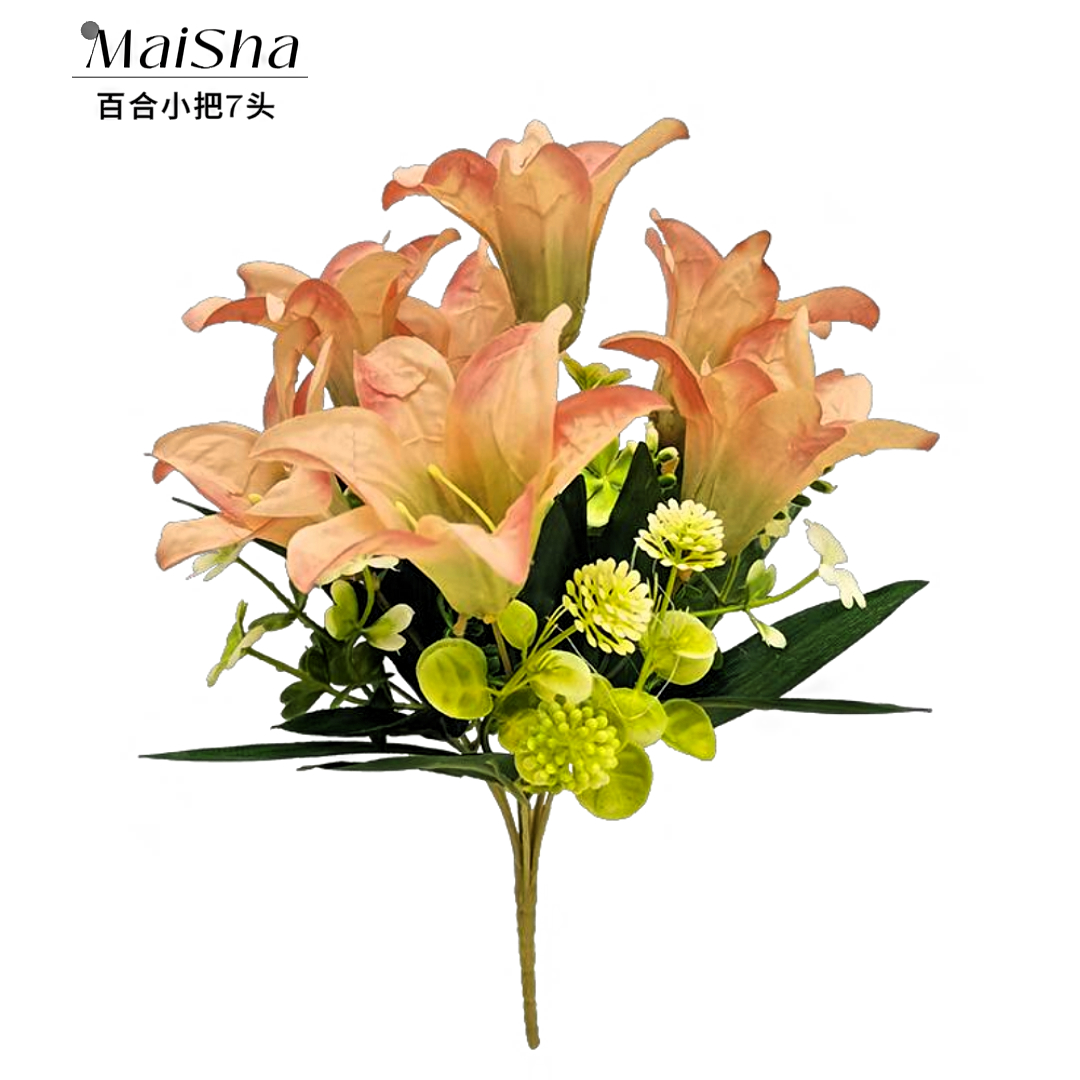 Artificial lily bouquets, 7-head flower arrangements, artificial flowers, woolen floral art, wedding backgrounds, sacrificial items, and decorative items