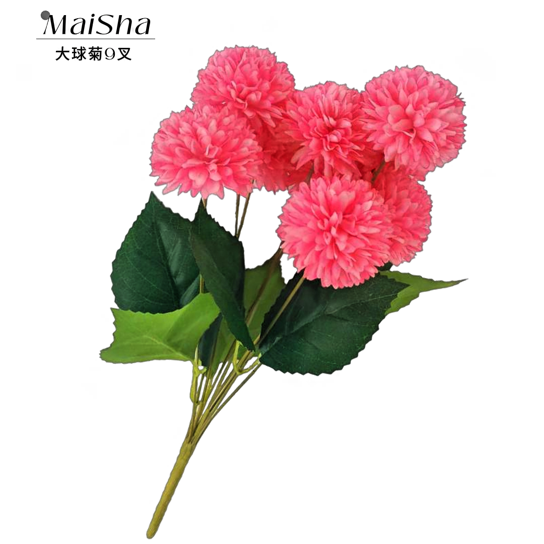 Artificial flower pink large ball chrysanthemum bouquet with 9 forks, wool floral art tape, and eternal flower decoration