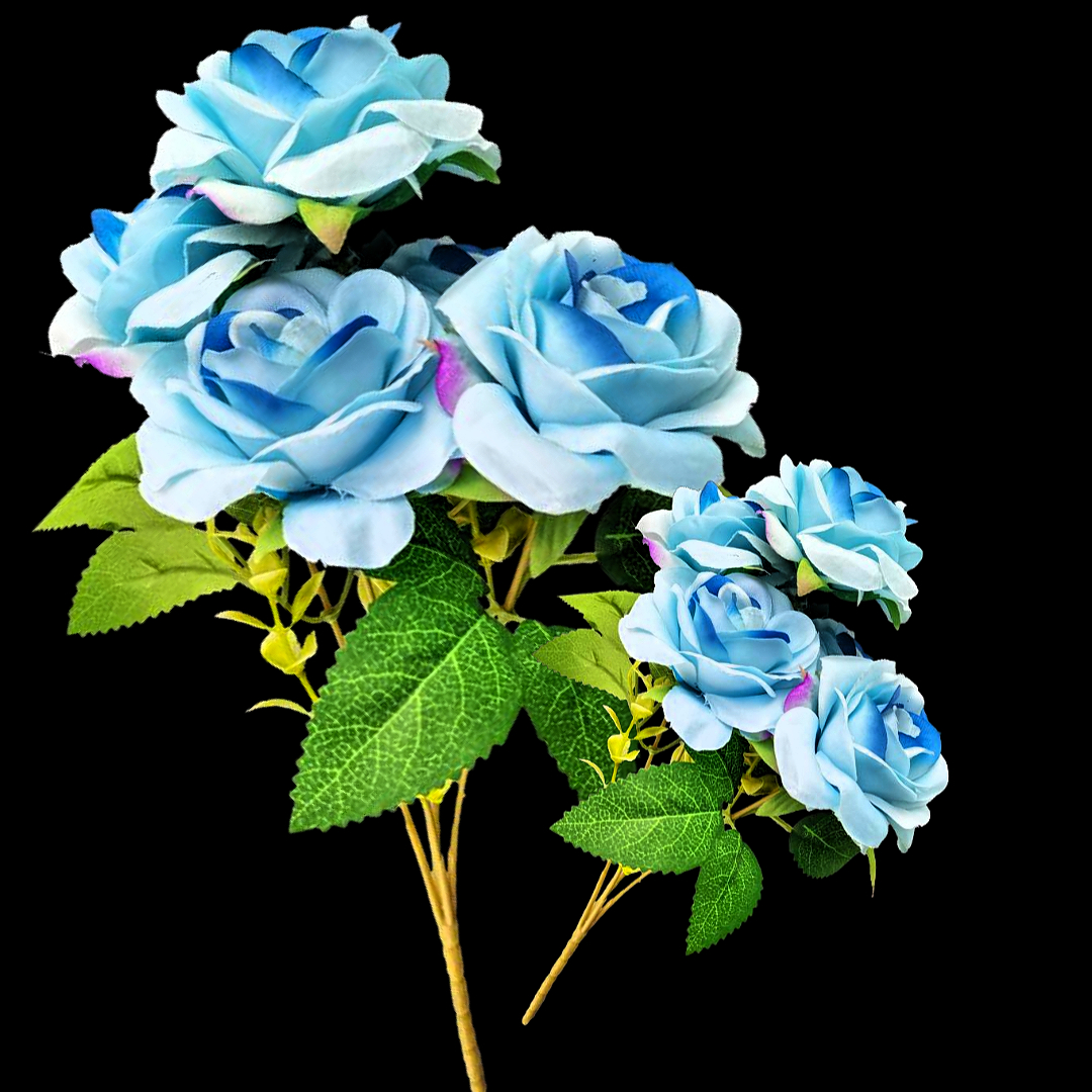 Blue rose bouquet, realistic small round rose 5-flower arrangement, artificial plant flower decoration, waterfall ornament Application Scenario