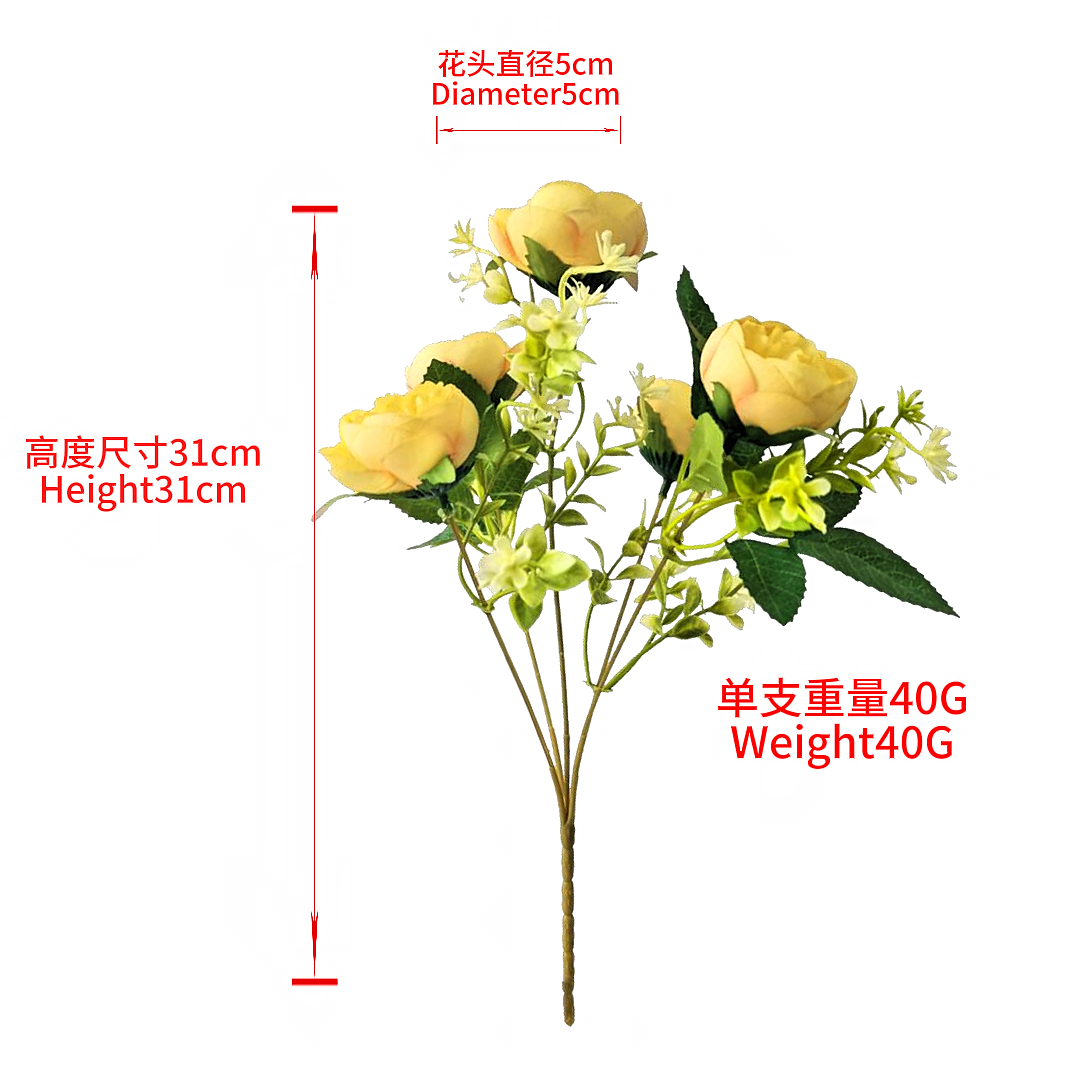 Yellow tea rose bouquet, realistic 5-head flower arrangement, artificial plant wall, artificial flower waterfall, wedding decoration, multi-purpose display item details Picture