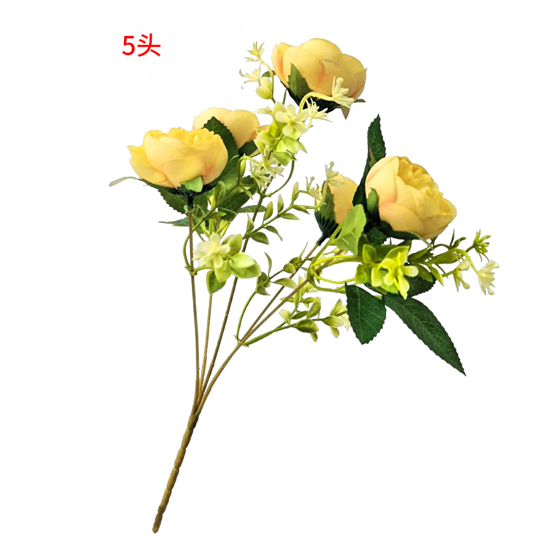 Yellow tea rose bouquet, realistic 5-head flower arrangement, artificial plant wall, artificial flower waterfall, wedding decoration, multi-purpose display item Specification image