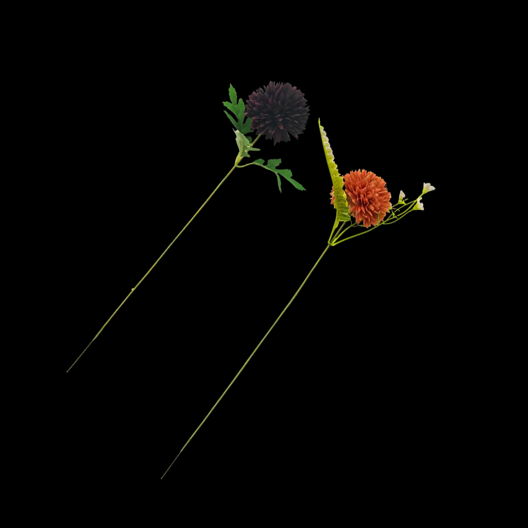 A single-stem large chrysanthemum artificial flower with black and orange flowers, green stems and leaves, and moss as a decorative floral arrangement Application Scenario