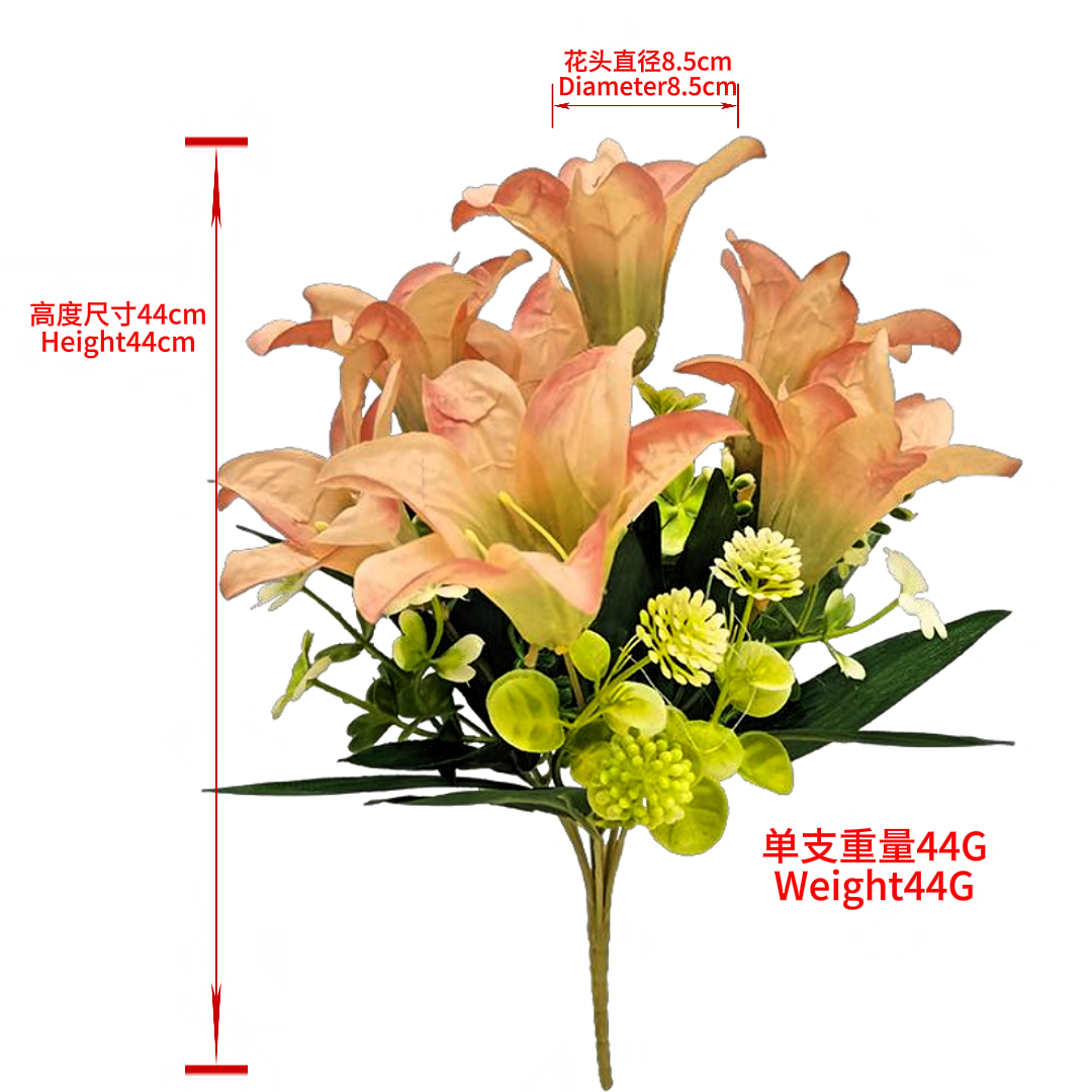Artificial lily bouquets, 7-head flower arrangements, artificial flowers, woolen floral art, wedding backgrounds, sacrificial items, and decorative items details Picture