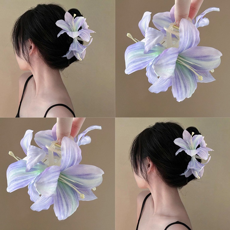 仿真幽魅紫百合花朵抓夹发夹女气质盘发鲨鱼夹氛围感优雅韵味发饰图