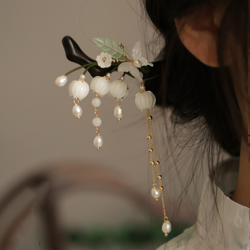 新中式花朵珍珠流苏发簪国潮时尚复古发钗汉服百搭新款簪子发饰女