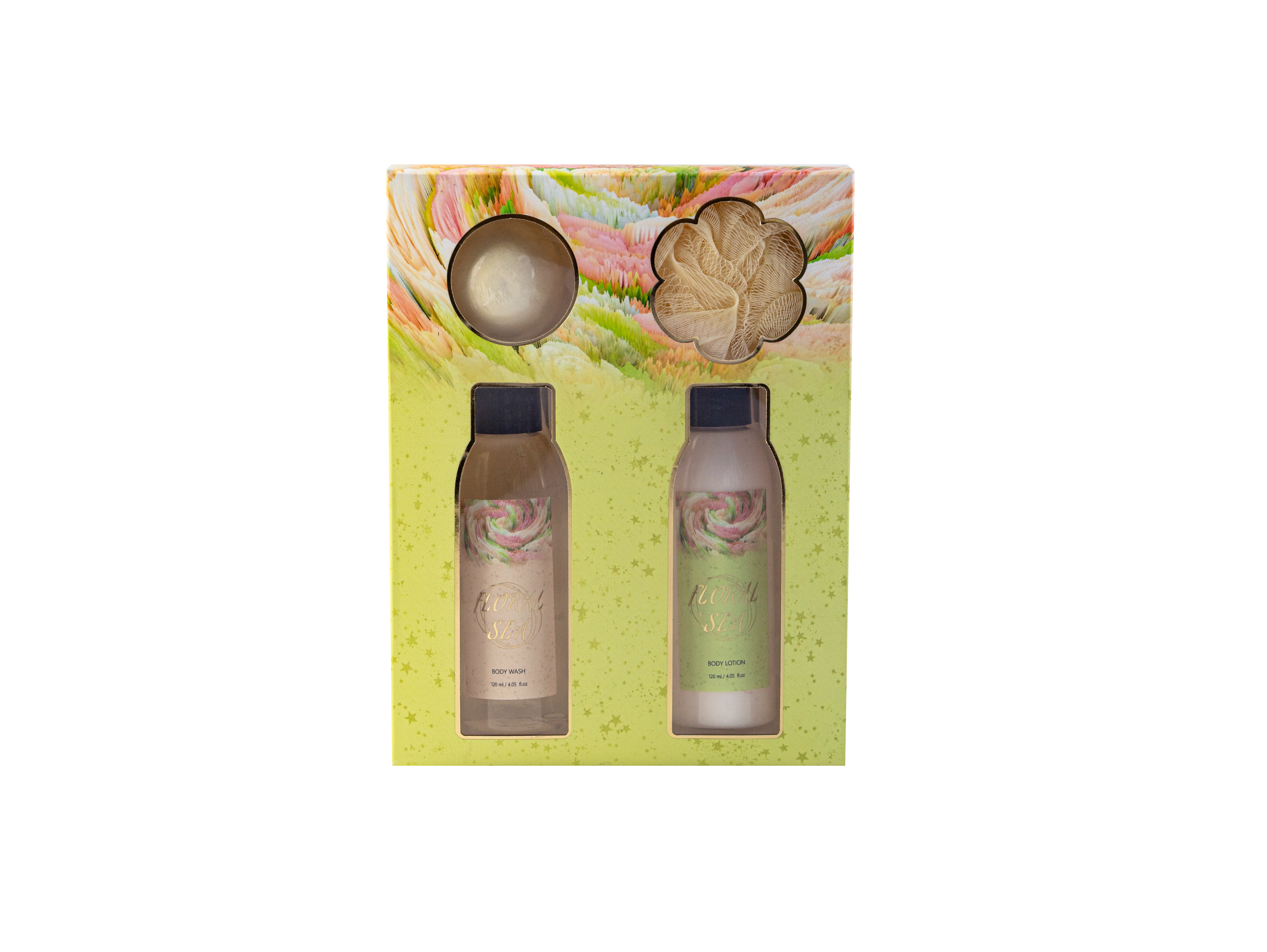 Floral fragrance bath set, beauty care combination, body wash, body lotion with explosive salt bath balls, a set of four pieces, suitable for family travel, gift set combination