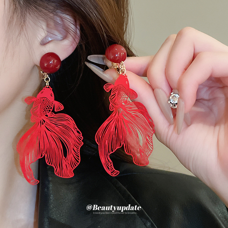 复古圆球镂空金鱼耳夹无洞高级感小众设计耳环轻奢气质百搭耳饰女