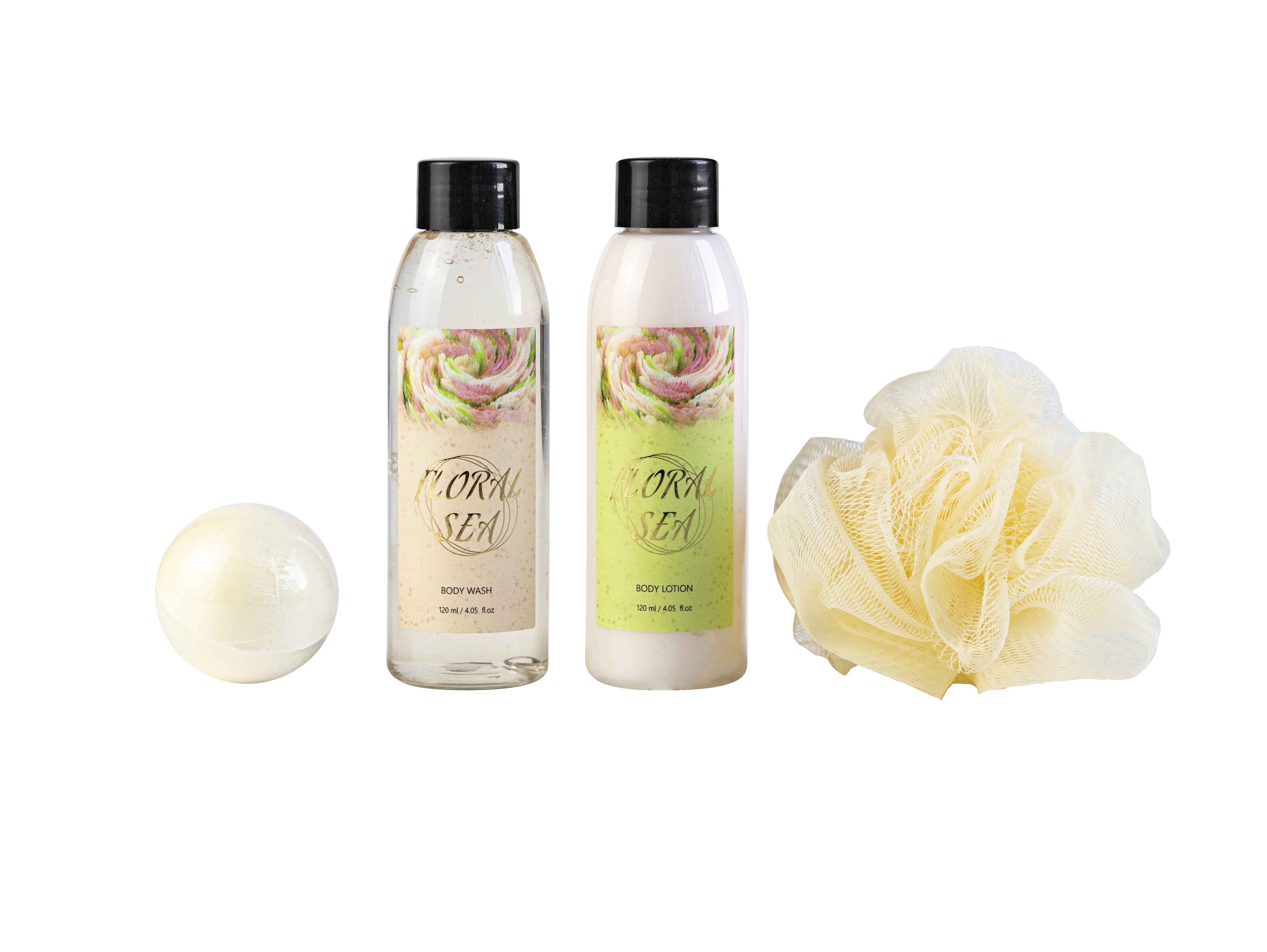 Floral fragrance bath set, beauty care combination, body wash, body lotion with explosive salt bath balls, a set of four pieces, suitable for family travel, gift set combination details Picture