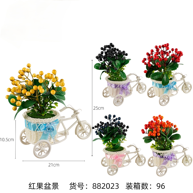 Tricycle, red fruit artificial flower, simulated flower cart, potted plant, bedroom, living room potted plant, wine cabinet, tabletop, coffee table, dining table, flower art decoration, ornaments, flowers