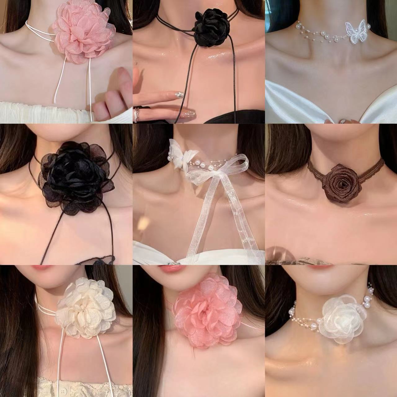 布艺网纱花朵飘带项链网红同款少女心颈链时尚甜美高级感项饰批发