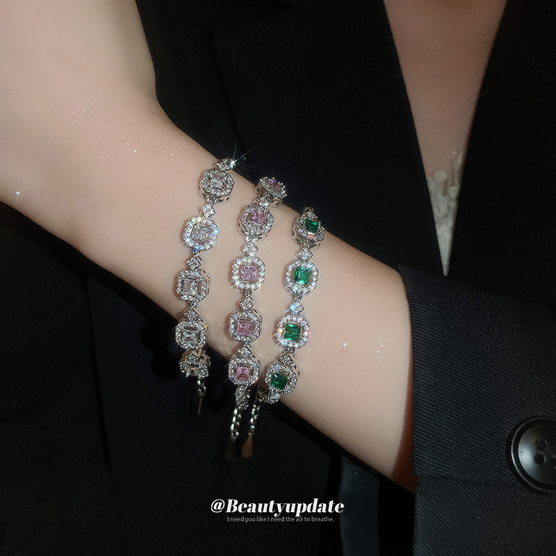 法式宫廷风祖母绿镶钻几何手链华丽气质手环精致轻奢高级感手饰女