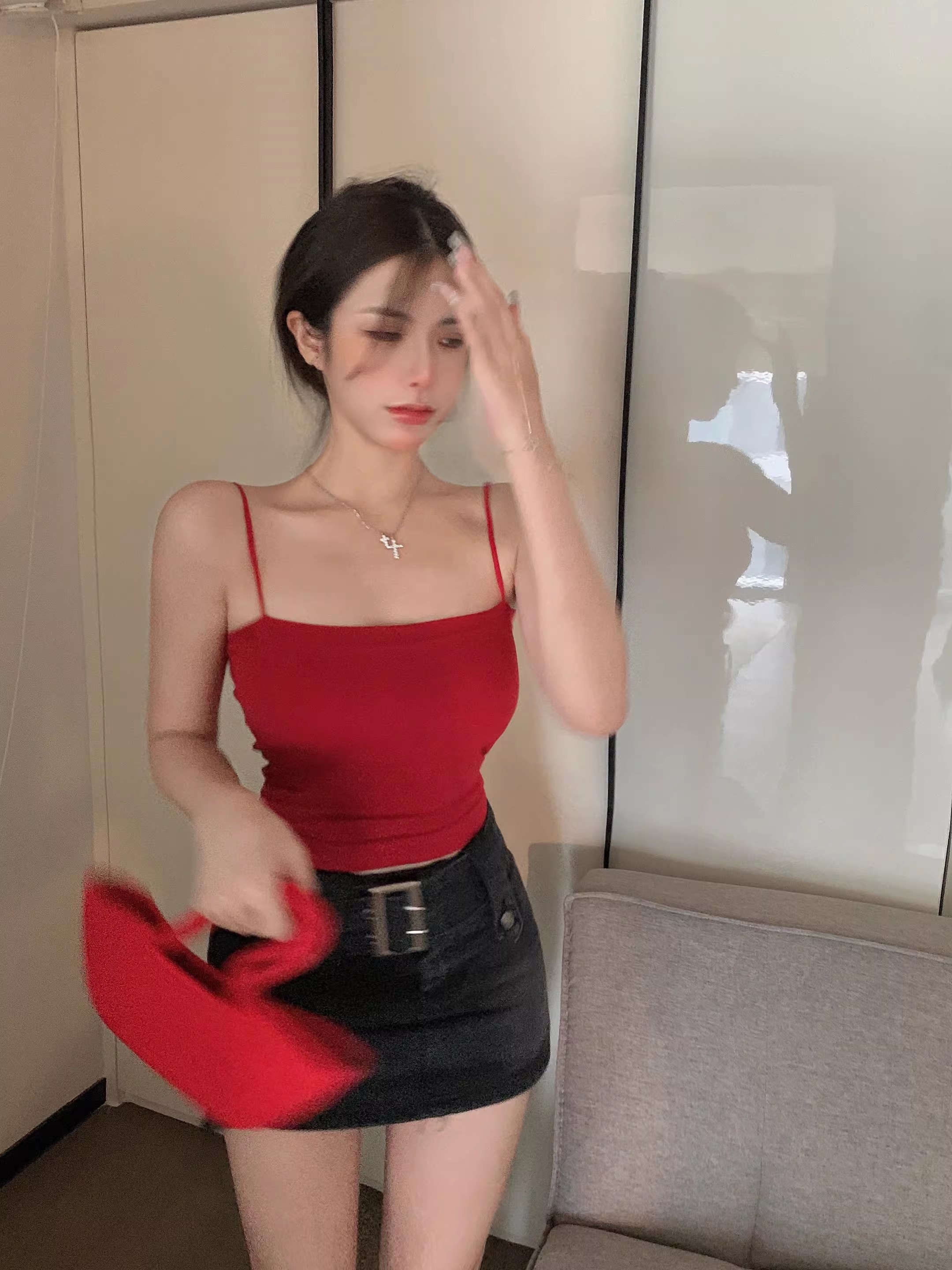 A summer hot girl with a beautiful back, halter top, off-the-shoulder bra and sleeveless strapless short top inside pic 18