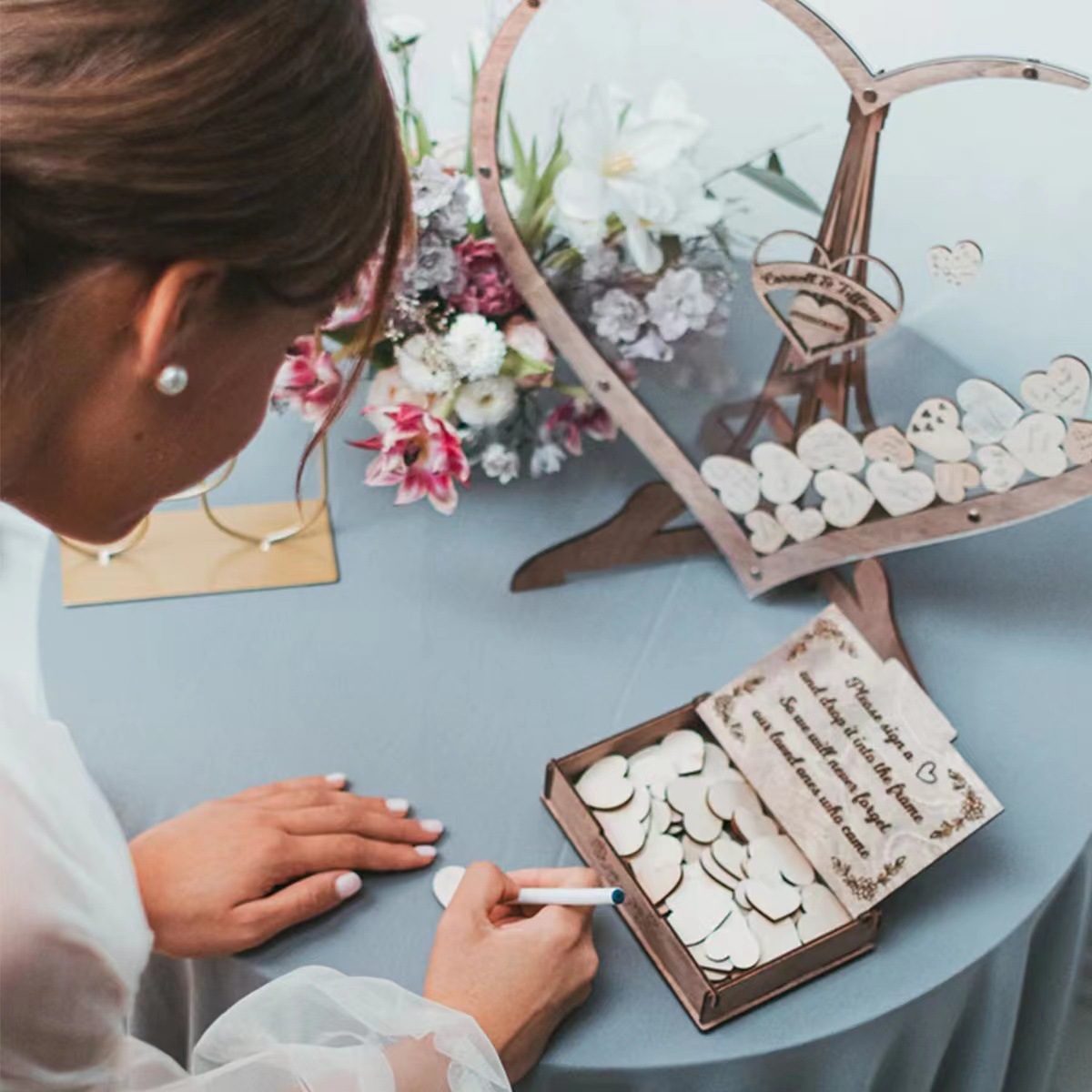 Guest Drop Box: Wooden acrylic heart-shaped wedding guest message box with 80 and 60 hearts to choose from Specification image