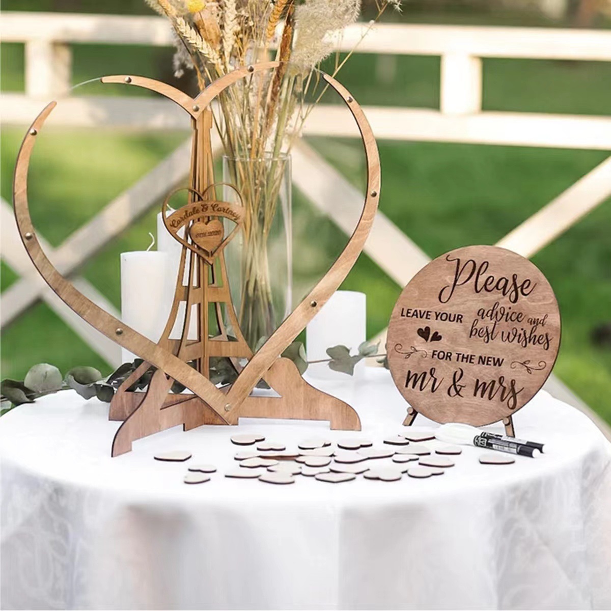 Guest Drop Box: Wooden acrylic heart-shaped wedding guest message box with 80 and 60 hearts to choose from details Picture