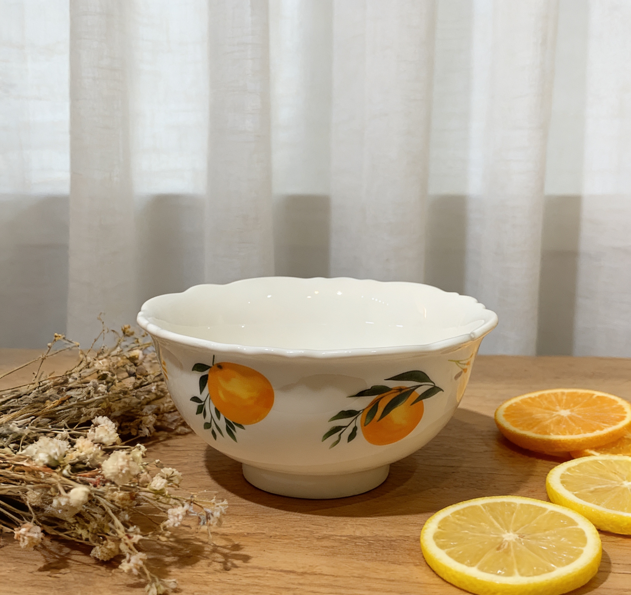 6田园风橙子陶瓷饭碗 釉下彩花边高脚碗 家用高颜值水果纹汤碗