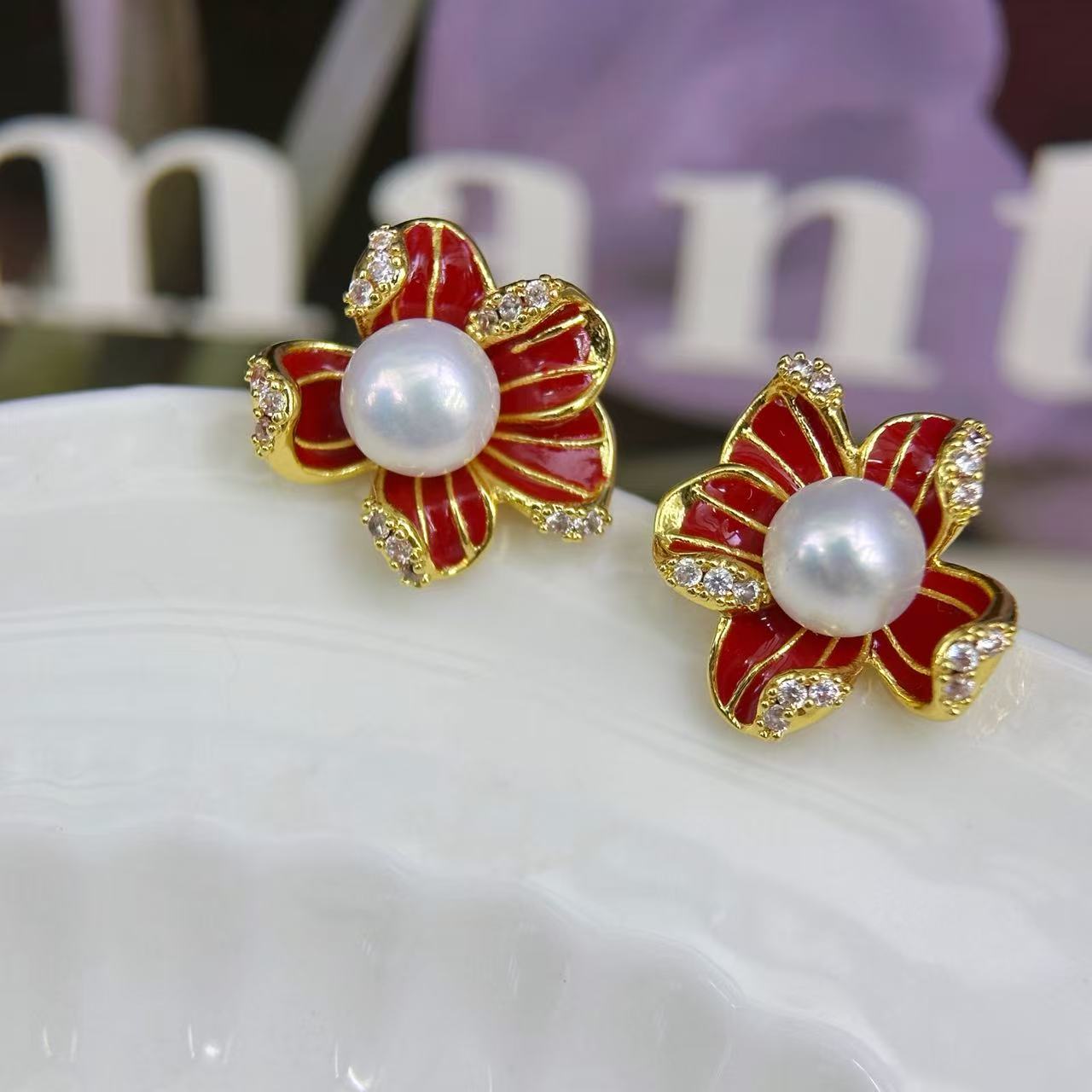 诸暨淡水珍珠耳钉女锆石镶嵌馒头珠耳钉红色系列彩色滴釉饰品批发珍珠项链珍珠项链详情图3