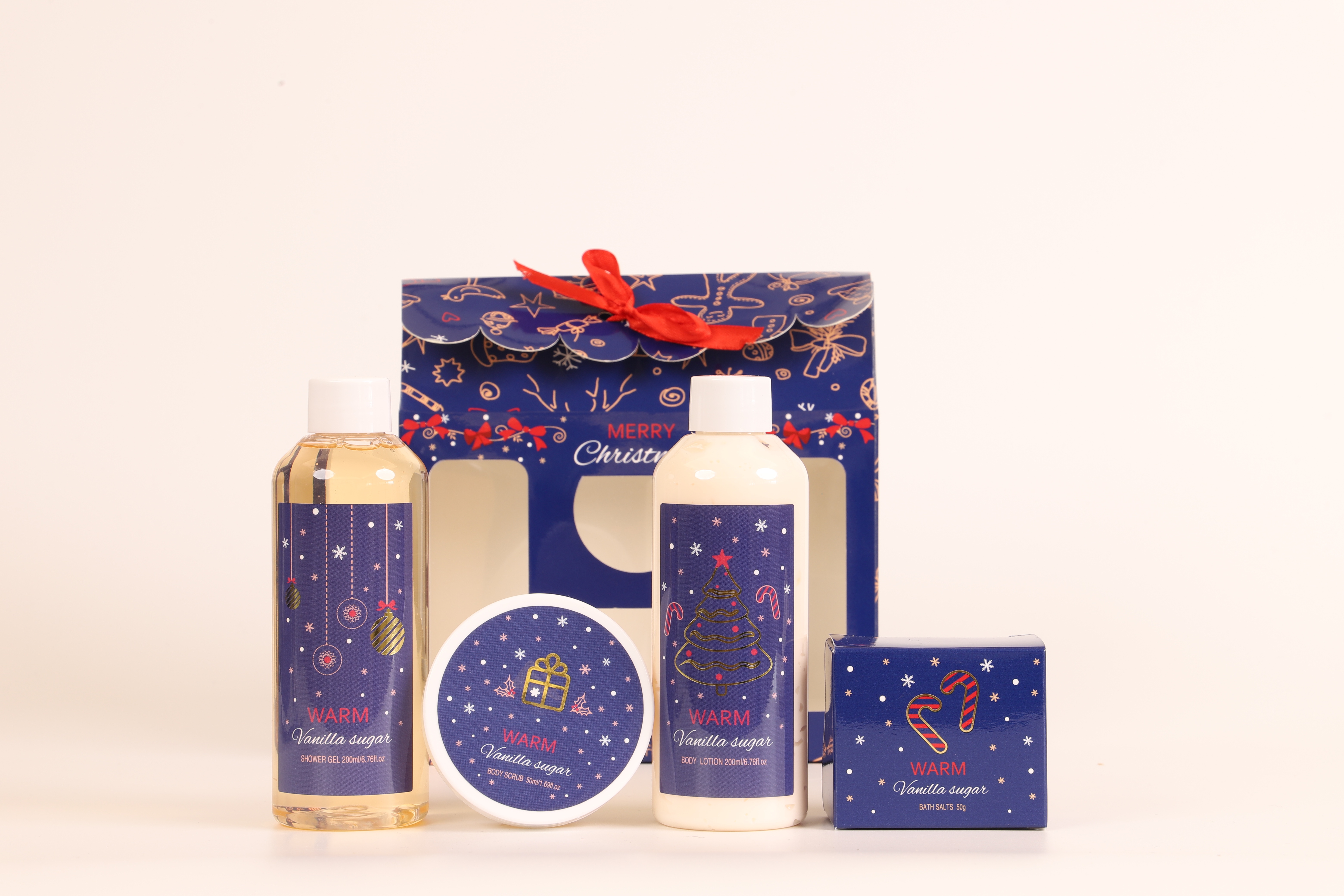 New Christmas element gift box set: Body lotion, Body Wash, scrub, Bath salt, four-piece combination. Practical gift. Factory direct sales, wholesale price, customizable brand Application Scenario