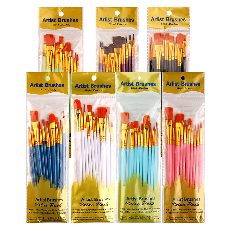 跨境10支塑料杆画笔刷套装珠光蓝彩色套装尼龙毛勾线笔水粉油画笔