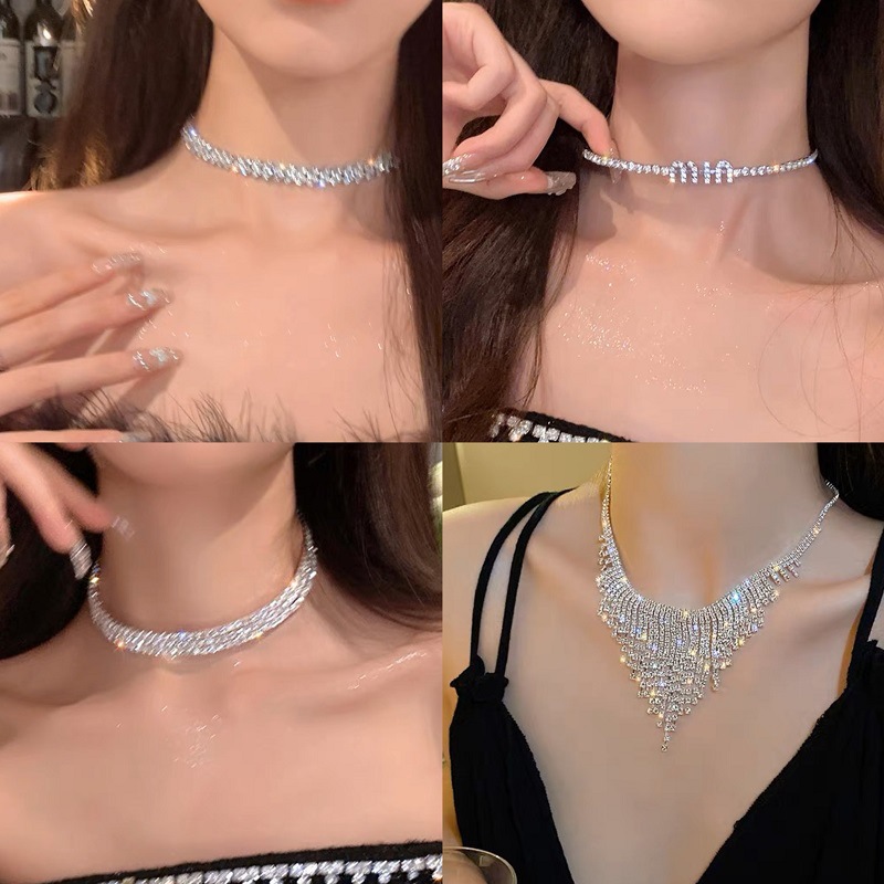European and American diamond-encrusted teardrop oval necklace with a fashionable and high-end feel. Collarbone chain with a niche design and a cold style. Wholesale of necklaces for women Specification image