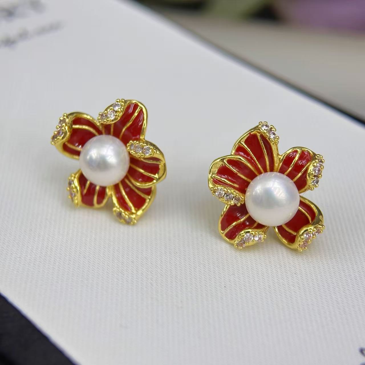 诸暨淡水珍珠耳钉女锆石镶嵌馒头珠耳钉红色系列彩色滴釉饰品批发珍珠项链珍珠项链详情图5