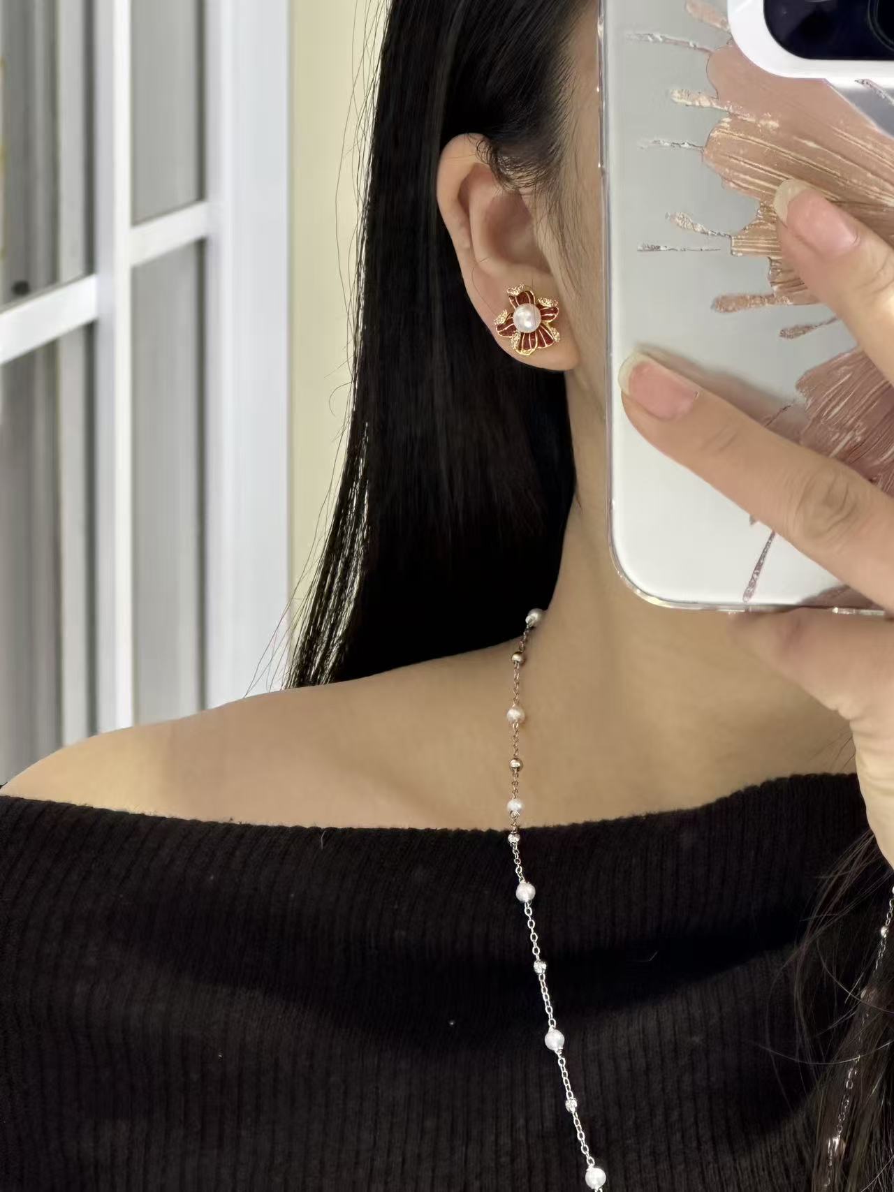 诸暨淡水珍珠耳钉女锆石镶嵌馒头珠耳钉红色系列彩色滴釉饰品批发珍珠项链珍珠项链白底实物图