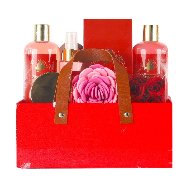 Christmas gift Red Bath gift box set: Body Wash, Perfume, bath salt, bath ball, Scrub (seven-piece set). You can choose your own fragrance type. ODMOEM design, a great gift Item Picture