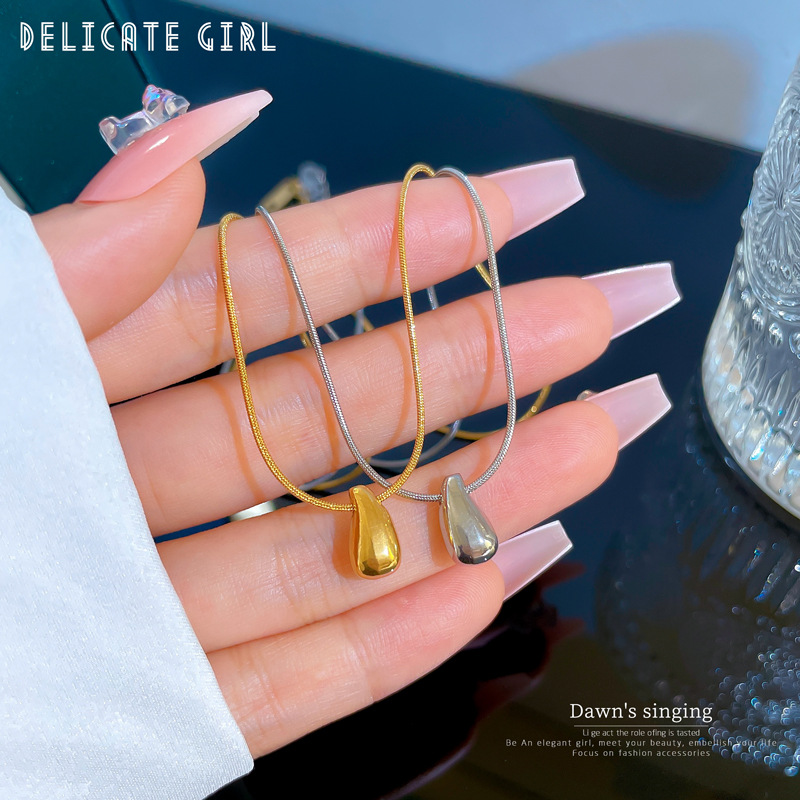 【 All-titanium Steel 】 Small water drop elegant furnace, real gold necklace, female Instagram Internet celebrity collarbone chain accessory Specification image