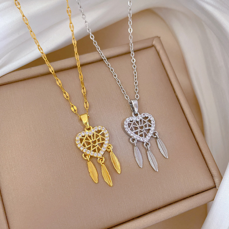 【钛钢】轻奢微镶真金羽毛铺梦网项链女新款锁骨链轻奢小众设计感