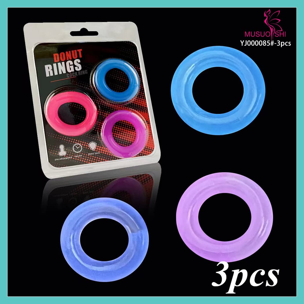 YJ000085#-3pcs Dildo Ring 3PCS Cock Penis Ring Enhancer Delay Ejaculation Penis Trainer for Men Sex Toys 3-Piece Donut Cock Rings Set - Blue, Pink, Purple full figure