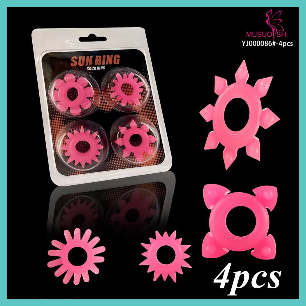 YJ000086#-4pcs 4 Pcs Penis Ring Set Stretchy and Durable Erection Enhancing C-Ring Set Can Use with Strap on Harness Sex Toy for Couple Sun Ring Cock Ring Set - 4pcs Pink Silicone full figure