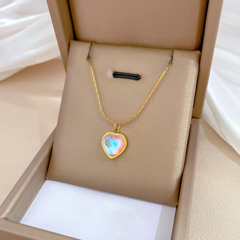 【 All-titanium Steel 】 Colorful heart minimalist style furnace, real gold necklace, female Instagram influencer collarbone chain accessory