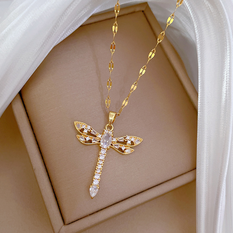 【 Titanium Steel 】 Hollow zircon dragonfly, light luxury and elegant, full diamond necklace, versatile collarbone chain, titanium steel chain for women Application Scenario