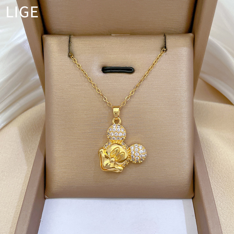 【 Titanium Steel 】 Smiling little mouse, light luxury, elegant and luxurious, full diamond necklace, versatile for women, collarbone chain, titanium steel chain
