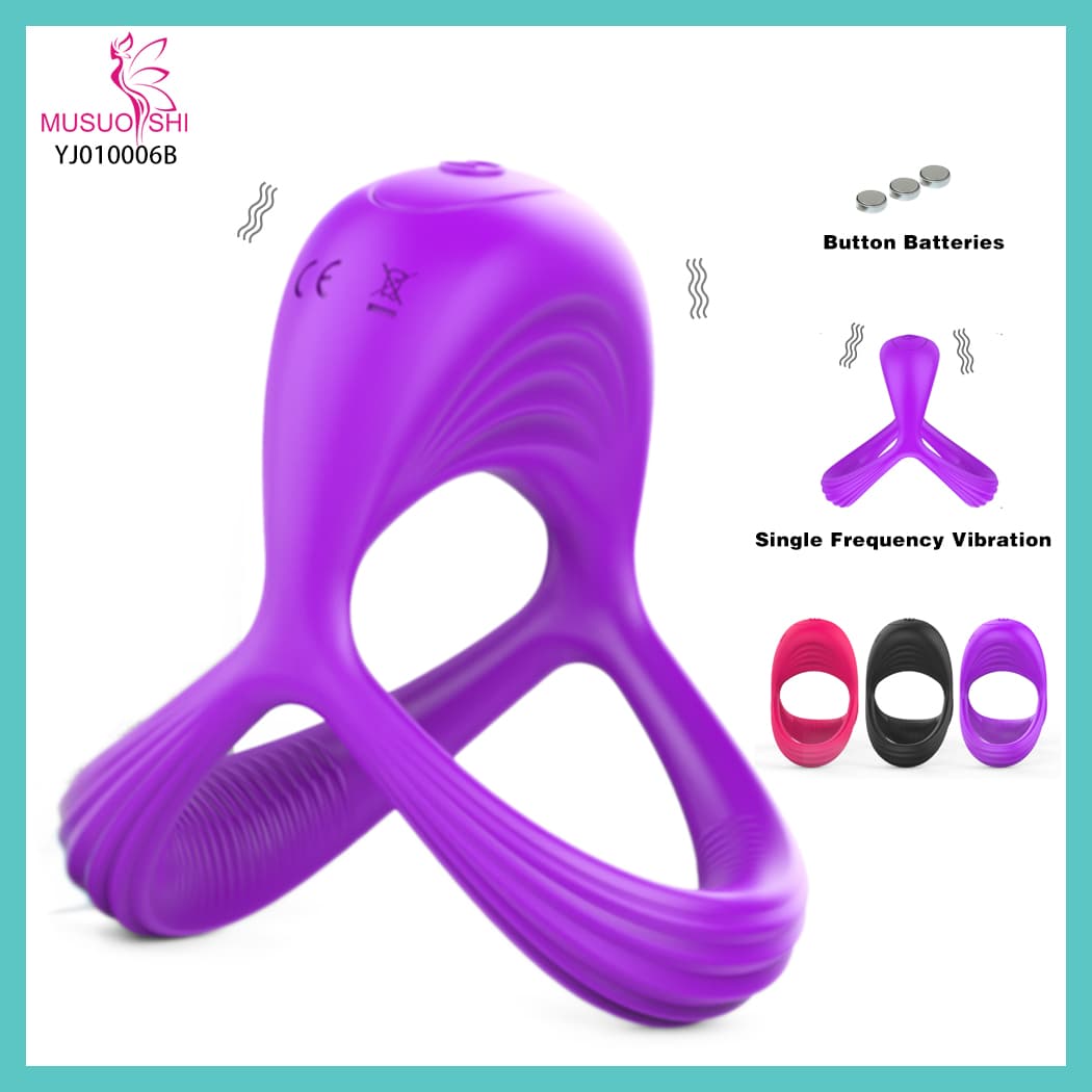 YJ010006B Hot Sell Vibration Cock Ring for Man Male Masturbation with Soft Silicone Sex Toys Purple Vibration Ring with Button Batteries - Musuo Shi full figure
