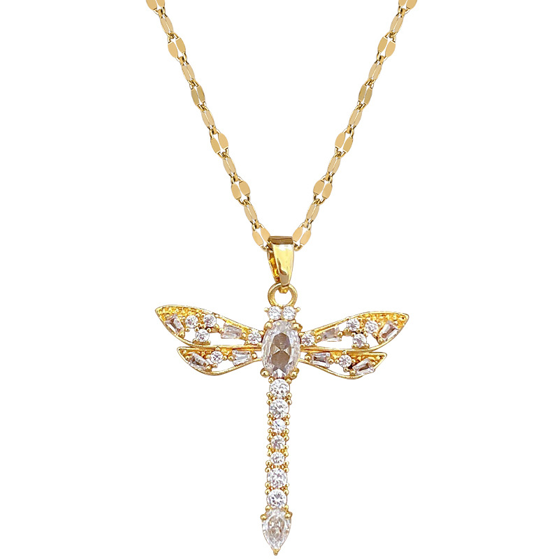 【 Titanium Steel 】 Hollow zircon dragonfly, light luxury and elegant, full diamond necklace, versatile collarbone chain, titanium steel chain for women Item Picture