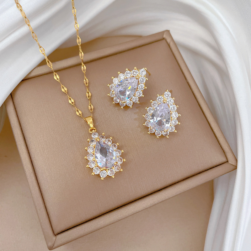 【钛钢】满钻水滴项链耳环套装轻奢微镶个性气质宴会耳项饰组合