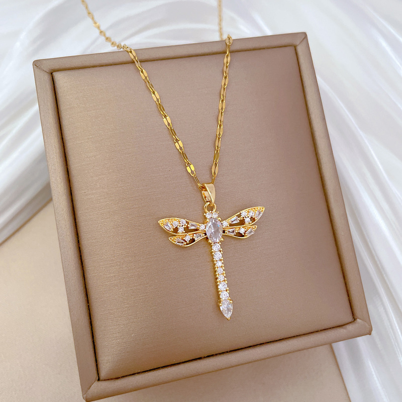 【 Titanium Steel 】 Hollow zircon dragonfly, light luxury and elegant, full diamond necklace, versatile collarbone chain, titanium steel chain for women Specification image