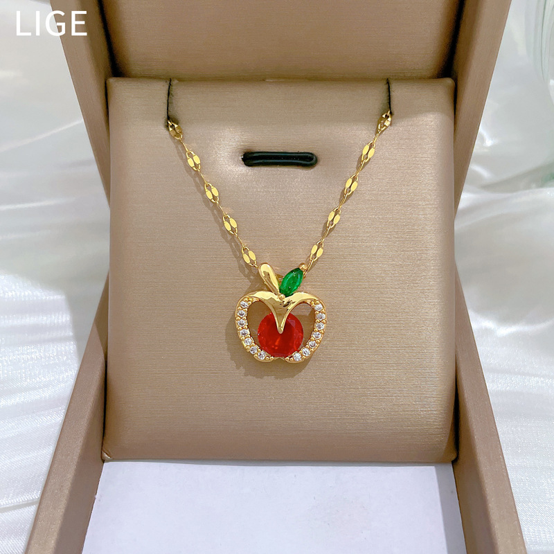 【钛钢】缕空苹果轻奢气质华丽满钻项链女百搭锁骨链钛钢链条