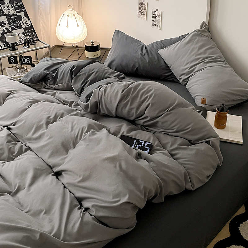 Ins-style solid color double-sided washed cotton bed sheet 4-piece set, student dormitory bed sheet and duvet cover, haze grey 3-piece set Application Scenario