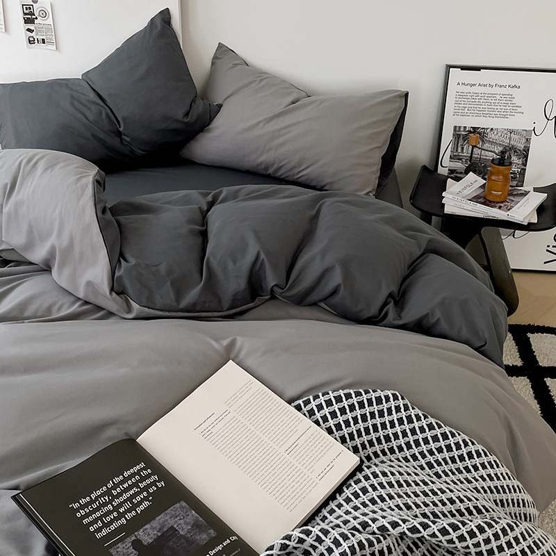Ins-style solid color double-sided washed cotton bed sheet 4-piece set, student dormitory bed sheet and duvet cover, haze grey 3-piece set Specification image