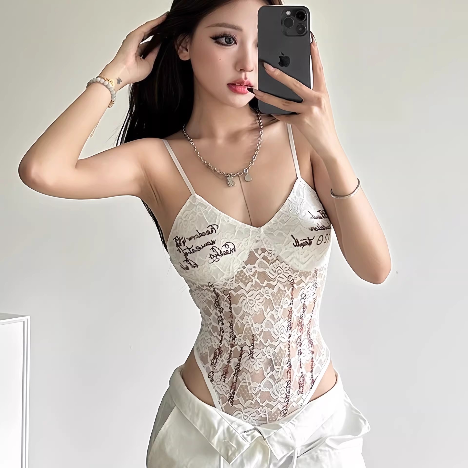 蕾丝薄上衣吊带性感纯欲辣妹打底内搭可外穿跳舞紧身连体背心女详情2