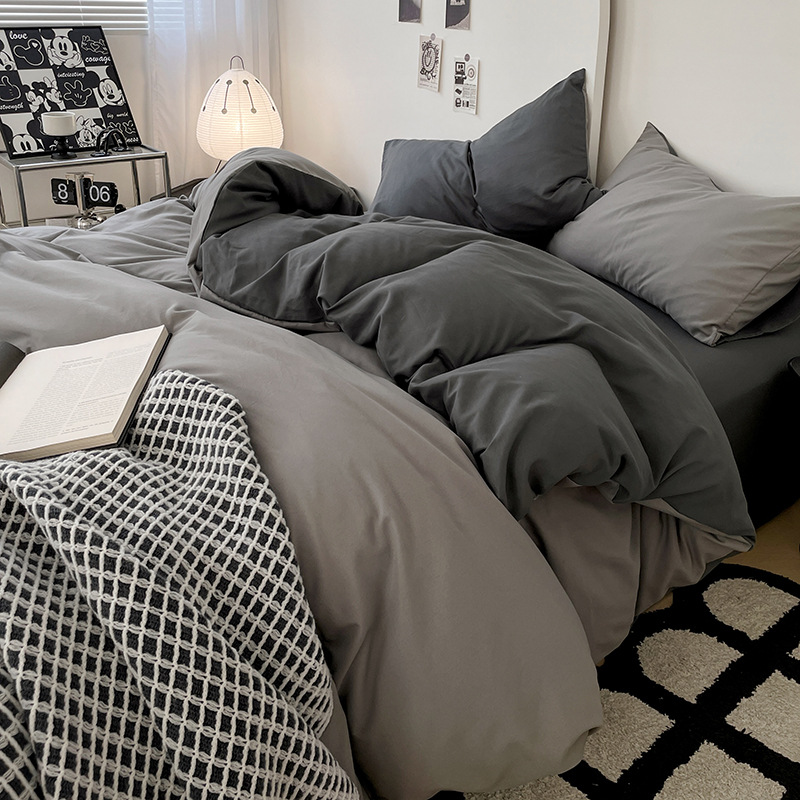 Ins-style solid color double-sided washed cotton bed sheet 4-piece set, student dormitory bed sheet and duvet cover, haze grey 3-piece set details Picture