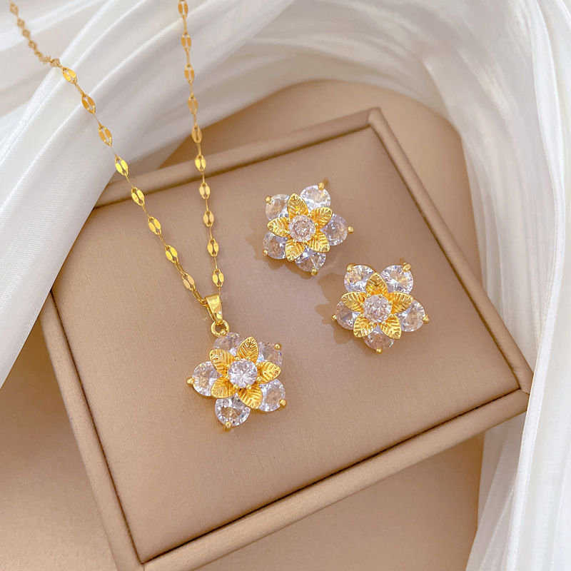 【钛钢】五叶花朵项链耳环套装轻奢微镶个性气质宴会耳饰项饰组合