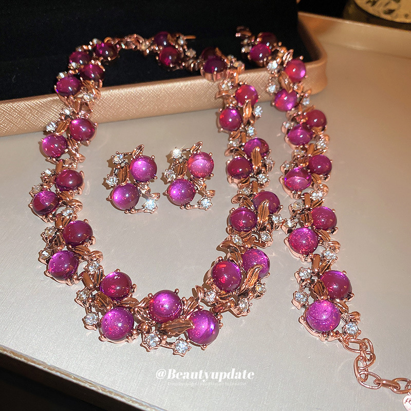 镶钻花朵中古项链手链套装法式轻奢高级感锁骨链秋冬毛衣链饰品女