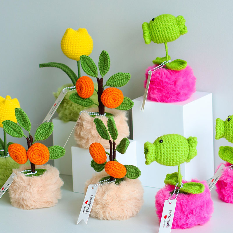 Hand-woven artificial flowers made of wool, potted tulips, oranges, preserved flowers, high-end festival business gift ornaments details Picture