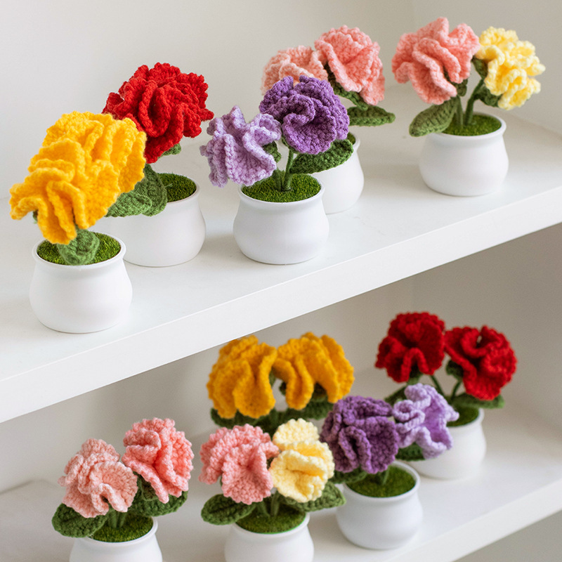 Hand-knitted double-headed carnation potted plants, finished woolen artificial flower ornaments, festival gifts, cross-border bestsellers at stalls Specification image