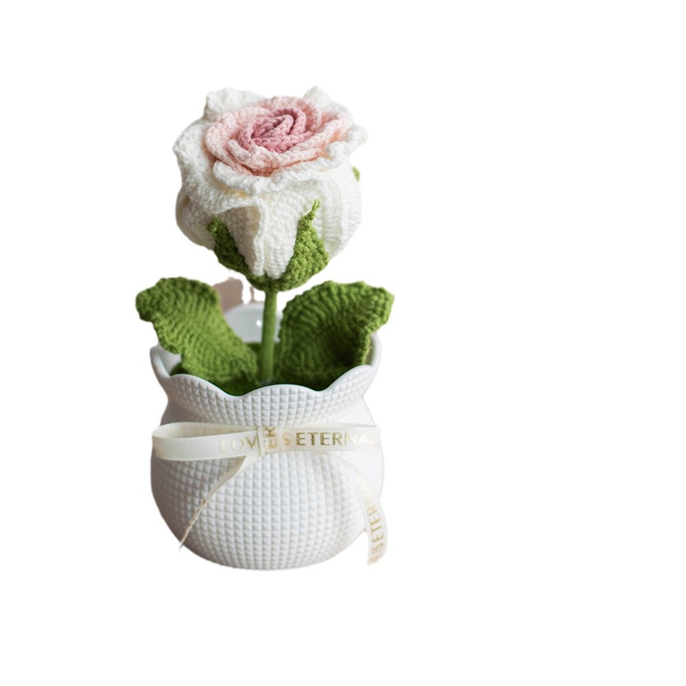 Ready-made hand-knitted rose artificial flower potted plants, office desktop potted plants, knitted flower ornaments, artificial flowers wholesale Item Picture