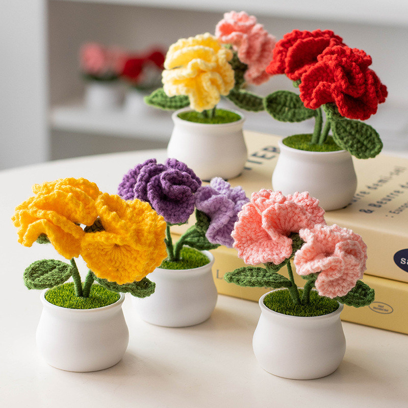 Hand-knitted double-headed carnation potted plants, finished woolen artificial flower ornaments, festival gifts, cross-border bestsellers at stalls details Picture