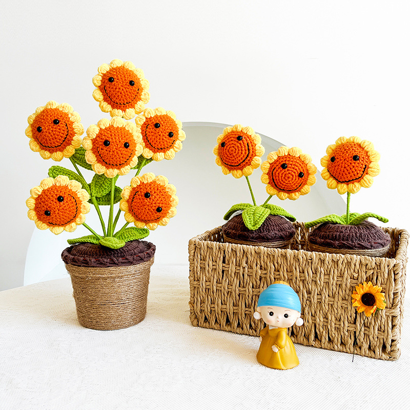 Handmade crochet, smiling sunflowers, sunflower potted plants, office and home woolen ornaments, festival event gifts details Picture