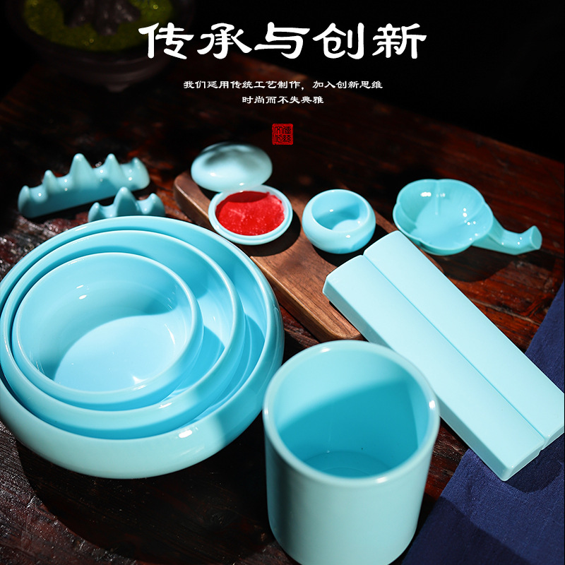 Four Treasures of the study accessories: imitation jade pen, pen holder, ruler, pen rest, imitation ceramic plastic water-washable paperweight pen, pen stop